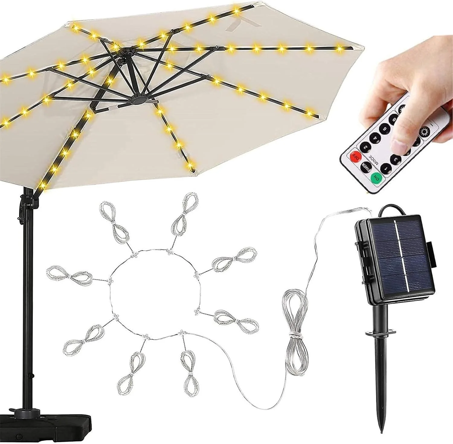 چتر آفتابی پایه کنار با چراغ های LED - چتر خورشیدی مقاوم در برابر آب با 8 حالت نور - چتر تزئینی فضای باز مقاوم در برابر تمام شرایط آب و هوایی از جمله باران شدید