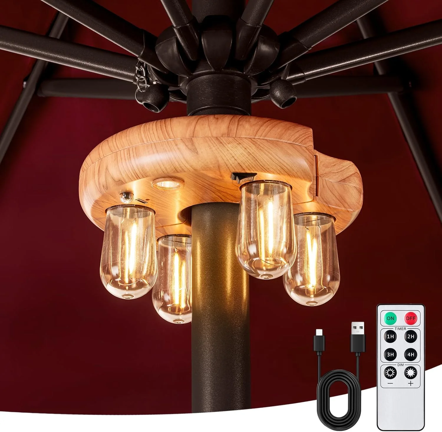 چراغ چتری پاسیو طرح چوب OPOIRA با کنترل از راه دور، چراغ میله ای LED ادیسونی شارژی بی سیم با 10 سطح روشنایی برای باغ، پاسیو، حیاط خلوت، کمپینگ یا باربیکیو (تک بسته)