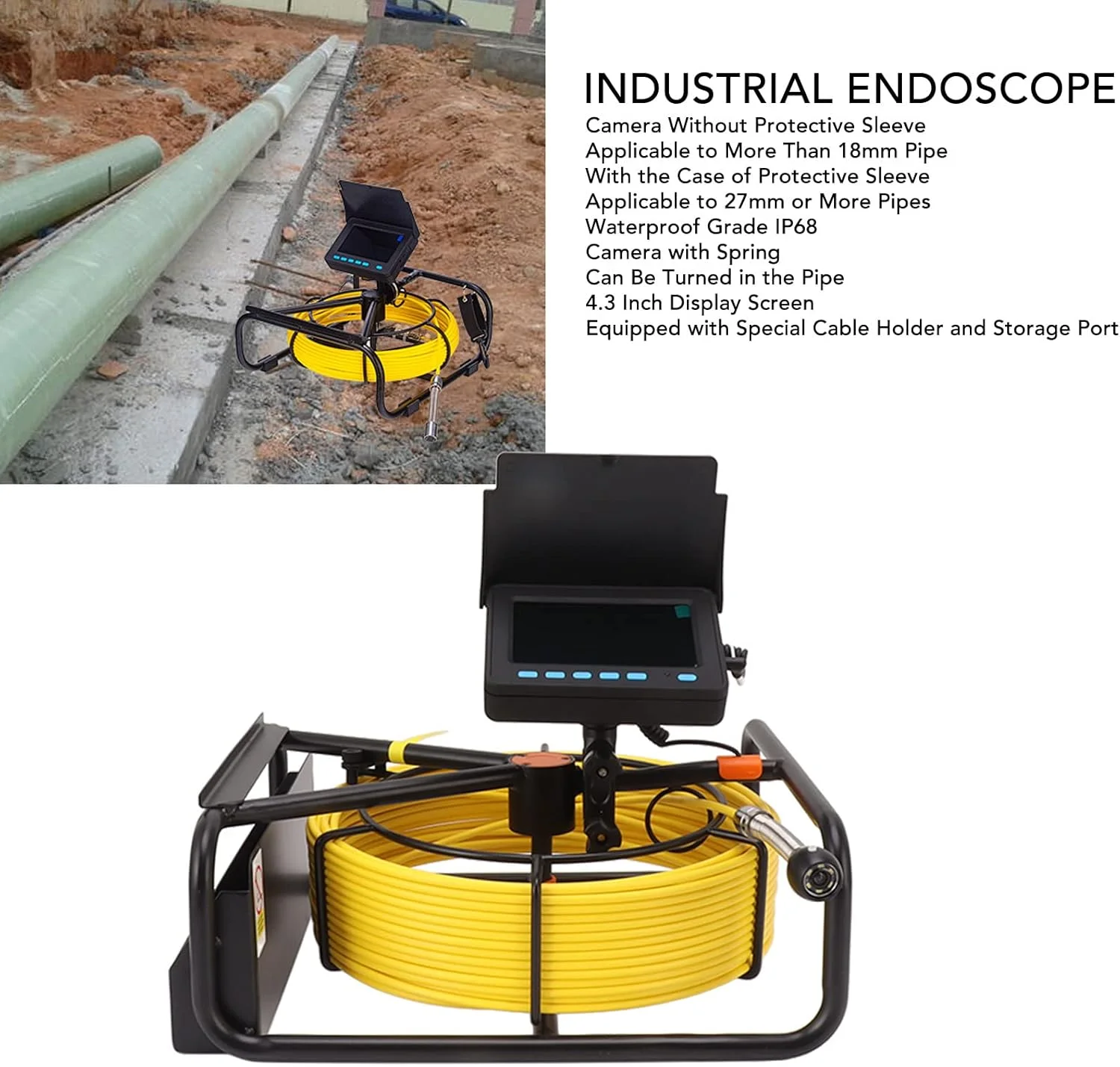 دوربین فیلمبرداری بزرگنمایی GHQERTY، دوربین مداربسته با عملکرد DVR، دوشاخه بریتانیایی، دوربین فیلمبرداری فاضلاب 4.3 اینچی، کارت حافظه 16 گیگابایتی، ضد آب IP68 برای سیستم های آب باران