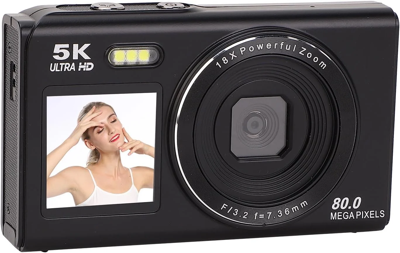 دوربین دیجیتال 5K GLOGLOW با کیفیت 80 مگاپیکسل، دوربین فیلمبرداری با زوم 18X، صفحه نمایش 2.8 اینچی و 1.5 اینچی UHD، انتقال فوری WiFi برای مبتدیان، کودکان، ولاگ نویسی و عکاسی (64 گیگابایت)