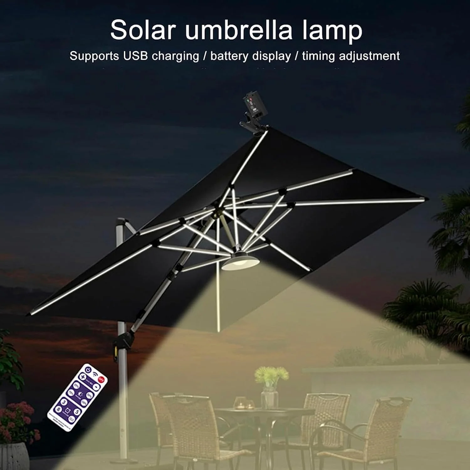 چراغ چتری خورشیدی فضای باز - کنترل از راه دور تایمر، چراغ ال ای دی ضد آب با انرژی خورشیدی برای چتر پاسیو - برای چادر ساحلی، کمپینگ، مهمانی باغ (بدون چادر)، نور گرم