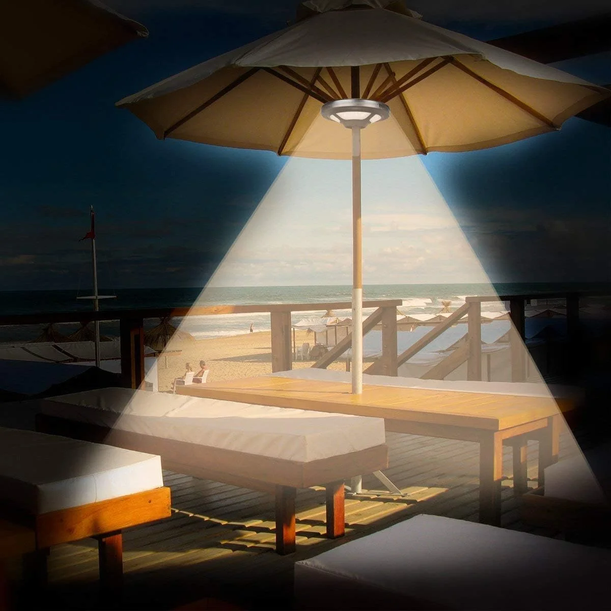 چراغ چتری سفید گرم قابل شارژ، 2 حالت روشنایی، بدون سیم، 36 LED - کارکرد با 3 عدد باتری AA، چراغ میله چتر برای چترهای پاسیو، چادرهای کمپینگ یا استفاده در فضای باز (سفید گرم قابل شارژ)