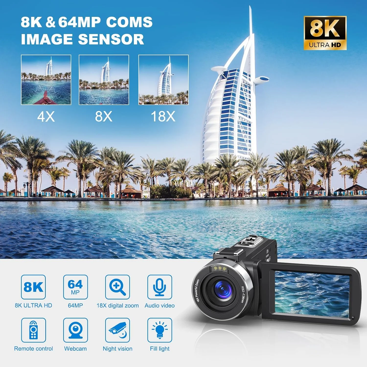 دوربین فیلمبرداری 8K 64MP با زوم دیجیتال 18X، دوربین فیلمبرداری برای یوتیوب با صفحه نمایش 3.0 اینچی چرخان، دوربین ولاگینگ به همراه کارت حافظه 32 گیگابایتی، کنترل از راه دور 2.4G، دو باتری و میکروفون خارجی دوربین فیلمبرداری 8K 64MP با زوم دیجیتال 18X، دوربین فیلمبرداری برای یوتیوب با صفحه نمایش 3.0 اینچی چرخان، دوربین ولاگینگ به همراه کارت حافظه 32 گیگابایتی، کنترل از راه دور 2.4G، دو باتری و میکروفون خارجی