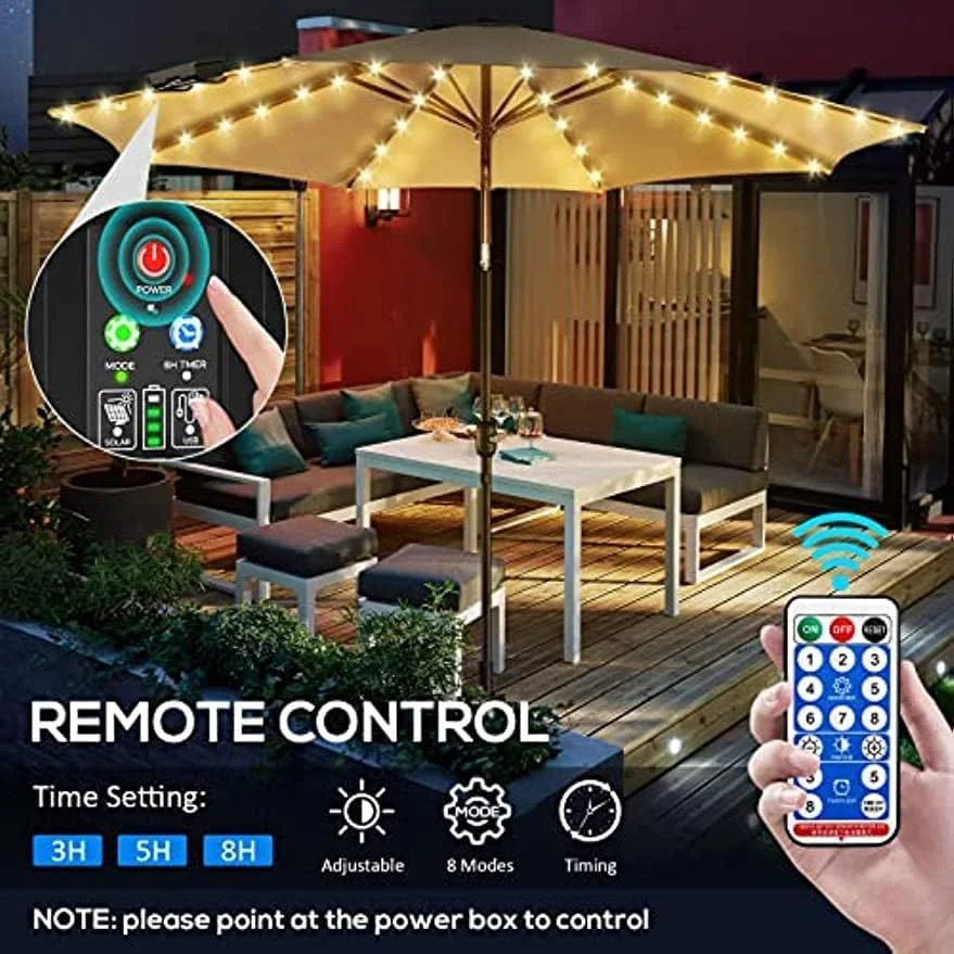 چراغ های چتری خورشیدی با ریموت، گیره و پایه دوشاخه، چراغ های ریسه ای چتر باغی، چراغ های چتری ضد آب قابل شارژ Type-C برای دکوراسیون فضای باز باغ حیاط، سفید گرم 1 بسته (1)