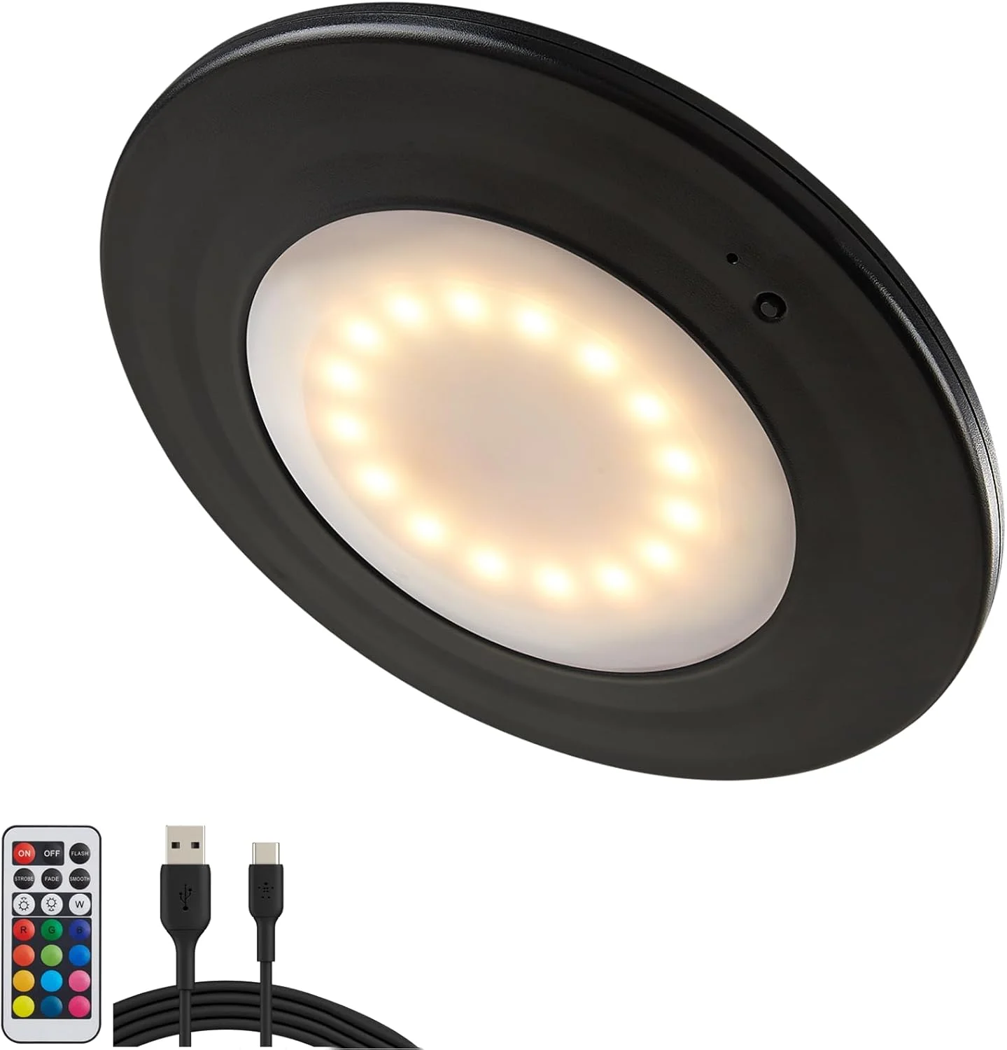 چراغ چتری LED پاسیو Powfloven مشکی با ریموت، چراغ چتری قابل حمل با باتری قابل شارژ، دارای 12 حالت رنگ، 3 سطح روشنایی قابل تنظیم برای چترهای پاسیو، چادرهای کمپینگ، استفاده در فضای باز