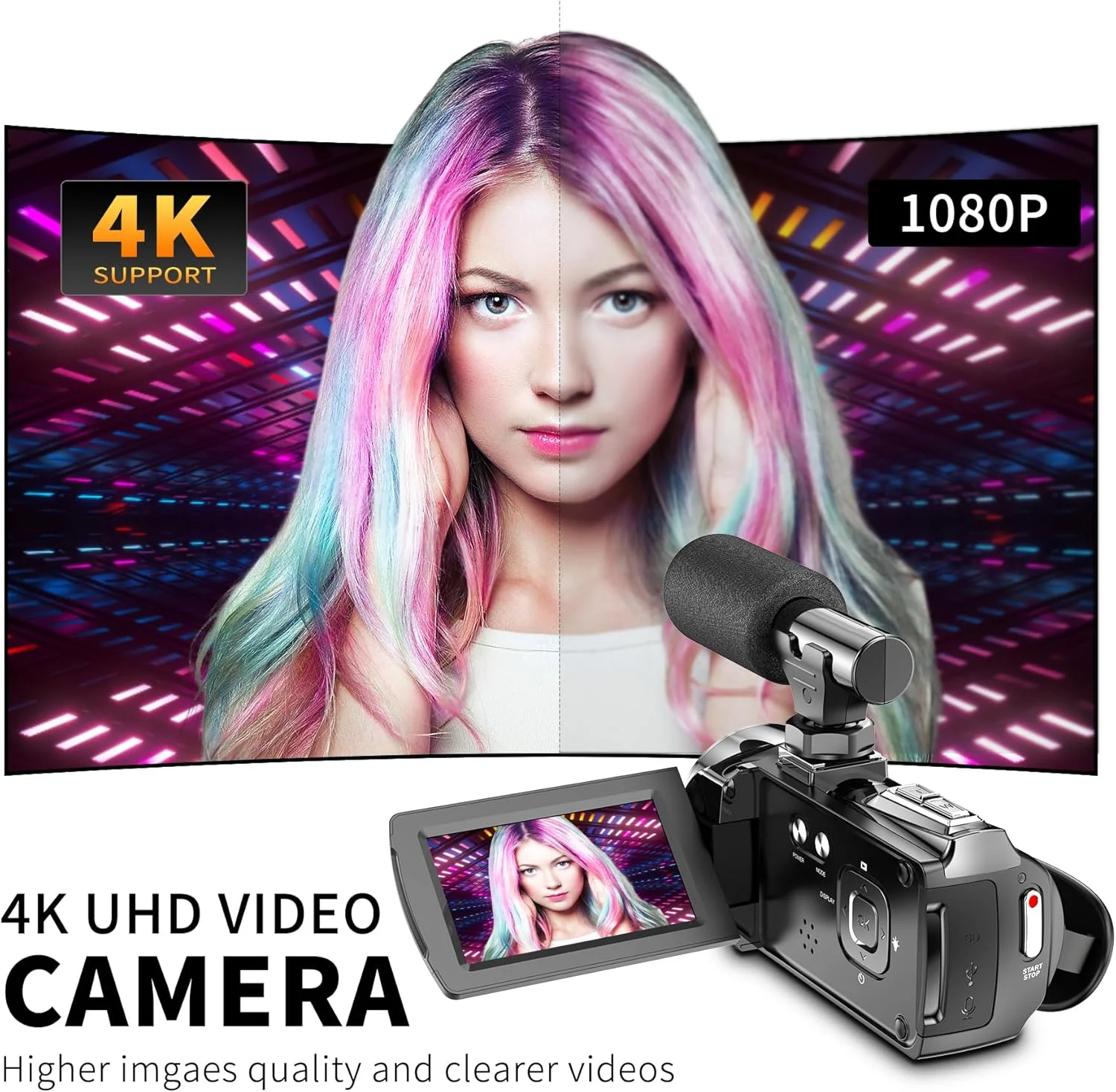 دوربین فیلمبرداری هوجوکوجو 4K 36.0 مگاپیکسل مناسب ولاگ برای یوتیوب، صفحه نمایش 3.0 اینچی IPS، زوم دیجیتال 18X به همراه باتری و سه پایه