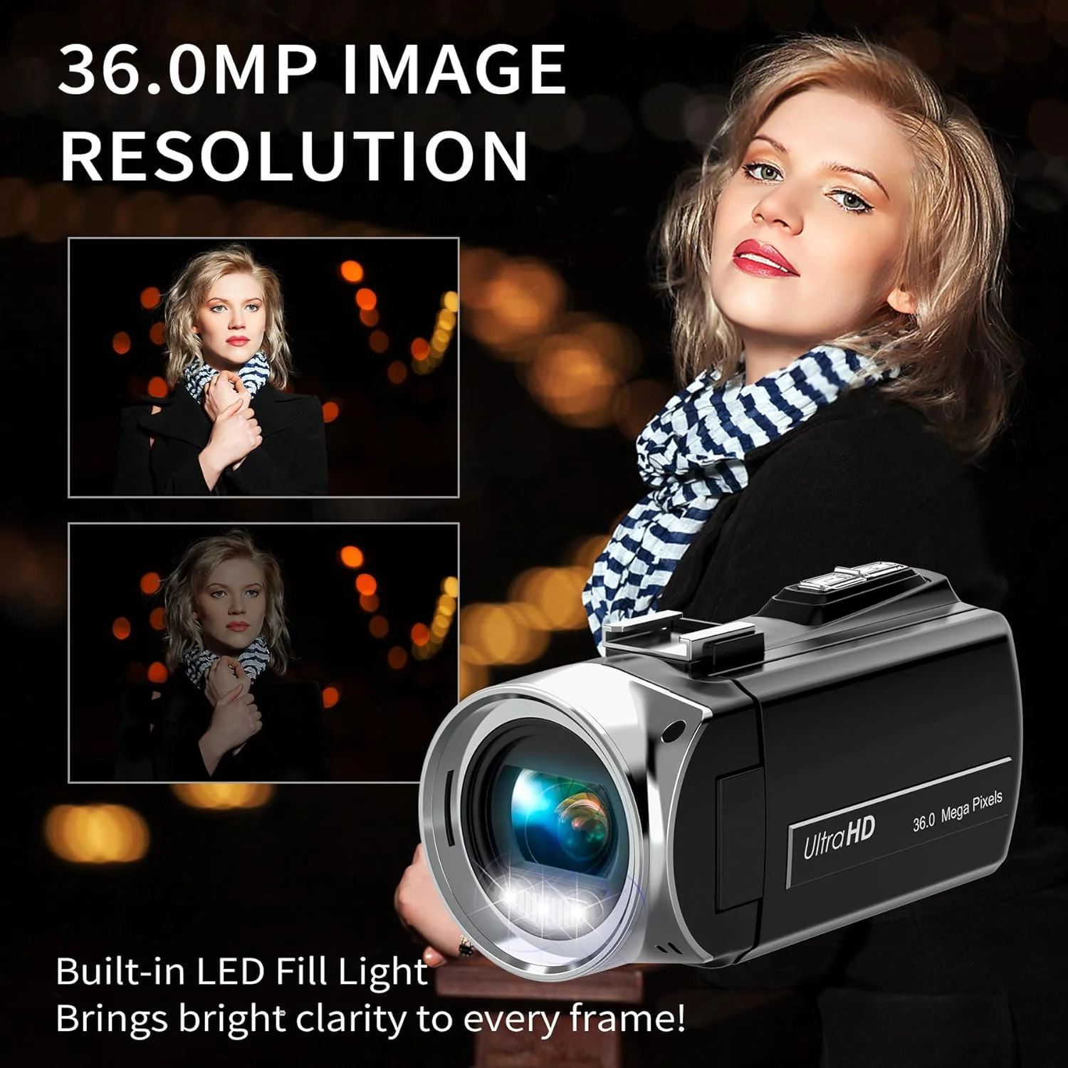 دوربین فیلمبرداری هوجوکوجو 4K 36.0 مگاپیکسل مناسب ولاگ برای یوتیوب، صفحه نمایش 3.0 اینچی IPS، زوم دیجیتال 18X به همراه باتری و سه پایه