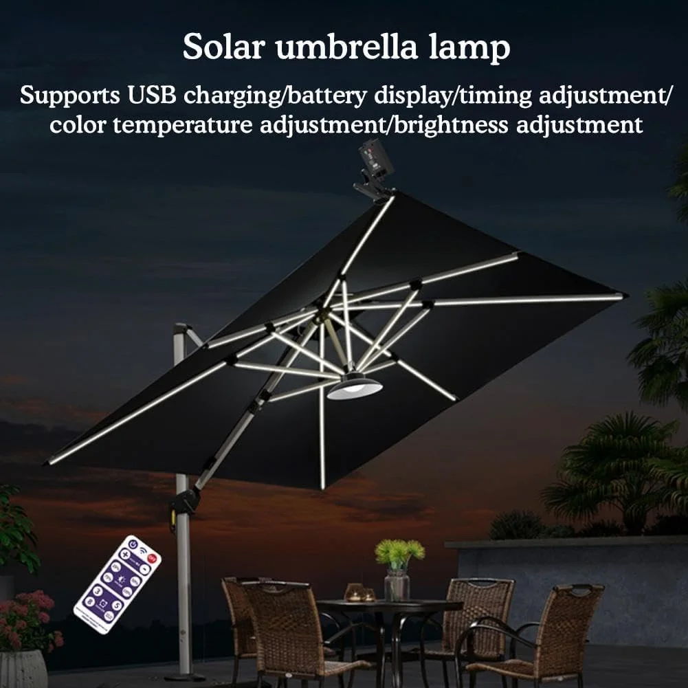چراغ خورشیدی چتر فضای باز، چراغ سایه بان قابل حمل برای چادر کمپینگ، ساحل، نور گرم، چراغ خورشیدی سفید برای چتر
