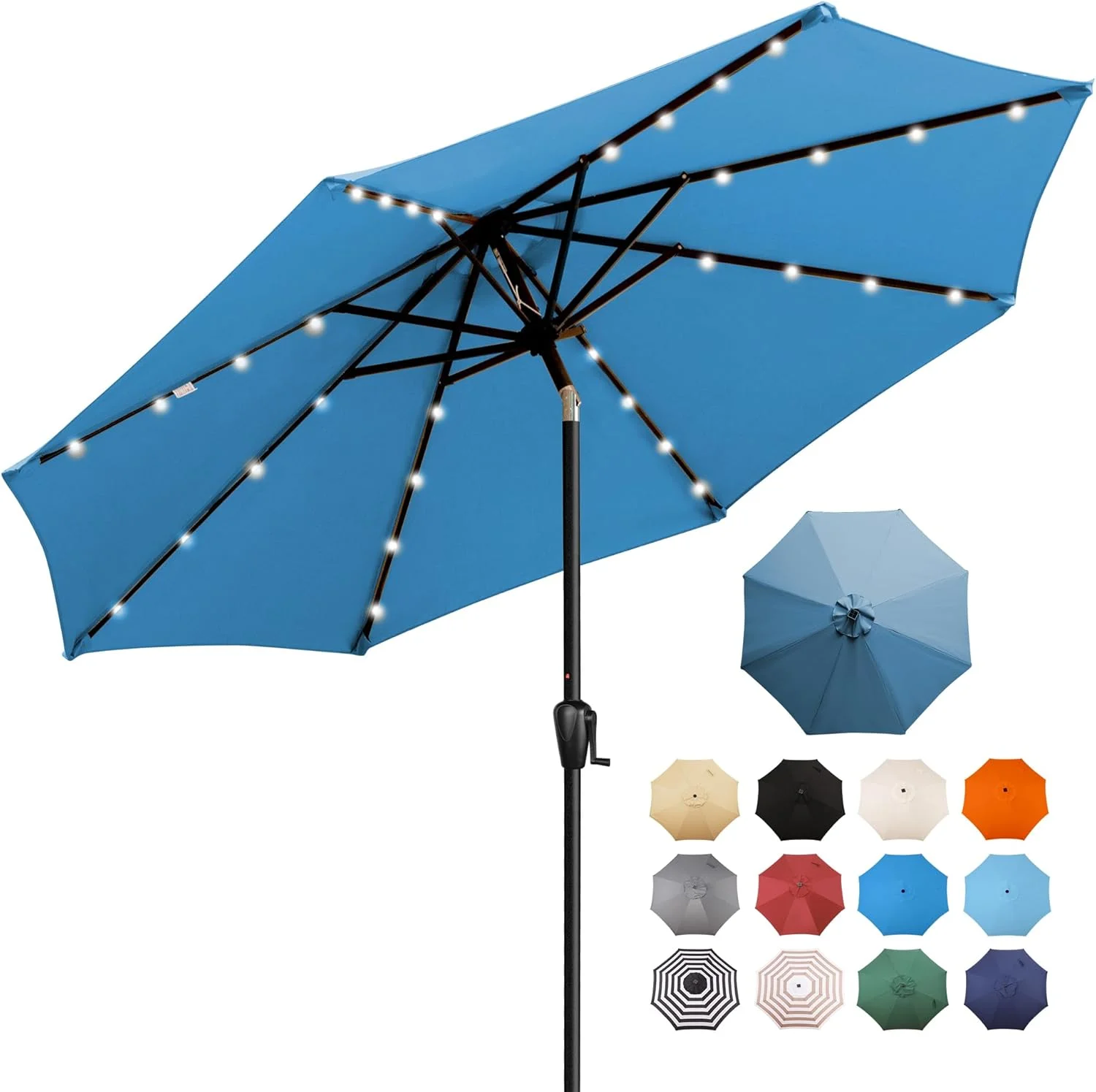 چتر آفتابگیر گرد 2.7 متری با 32 چراغ ال ای دی خورشیدی، قابلیت تنظیم زاویه با دکمه فشاری و سیستم بالابر هندلی، چتر روشنایی خورشیدی مناسب فضای باز برای پاسیو، عرشه و حیاط خلوت