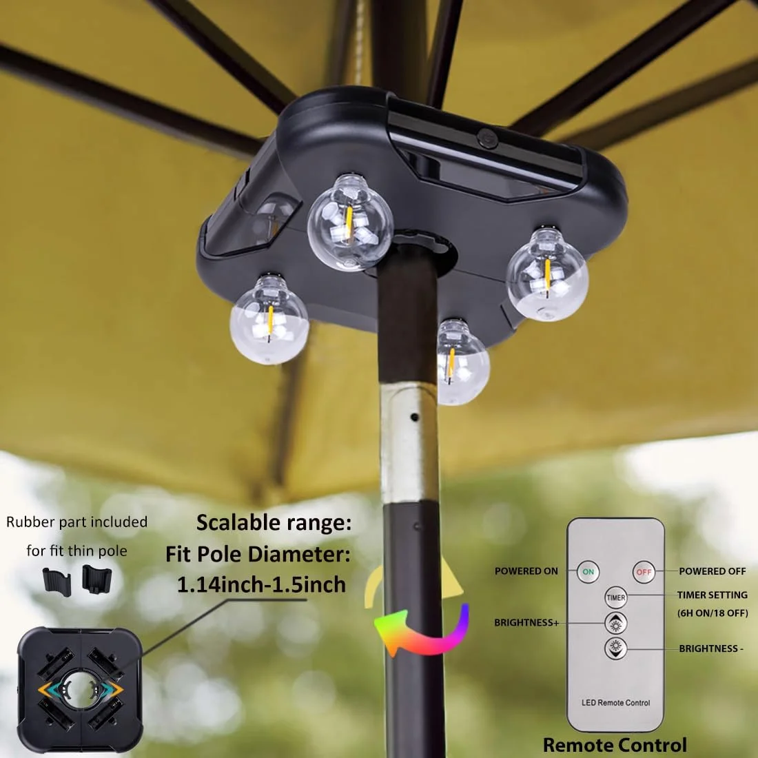 چراغ چتری فضای باز، چراغ LED چتری با باتری و لامپ های G40، چراغ میله ای چتری بی سیم با 3 حالت روشنایی برای چترهای حیاط خلوت، چادرهای کمپینگ، باربیکیو یا استفاده در فضای داخلی