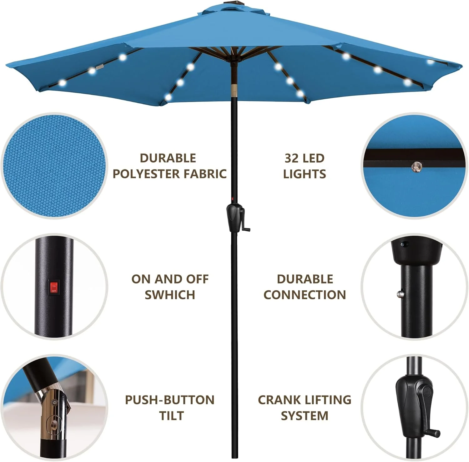چتر آفتابگیر گرد 2.7 متری با 32 چراغ ال ای دی خورشیدی، قابلیت تنظیم زاویه با دکمه فشاری و سیستم بالابر هندلی، چتر روشنایی خورشیدی مناسب فضای باز برای پاسیو، عرشه و حیاط خلوت