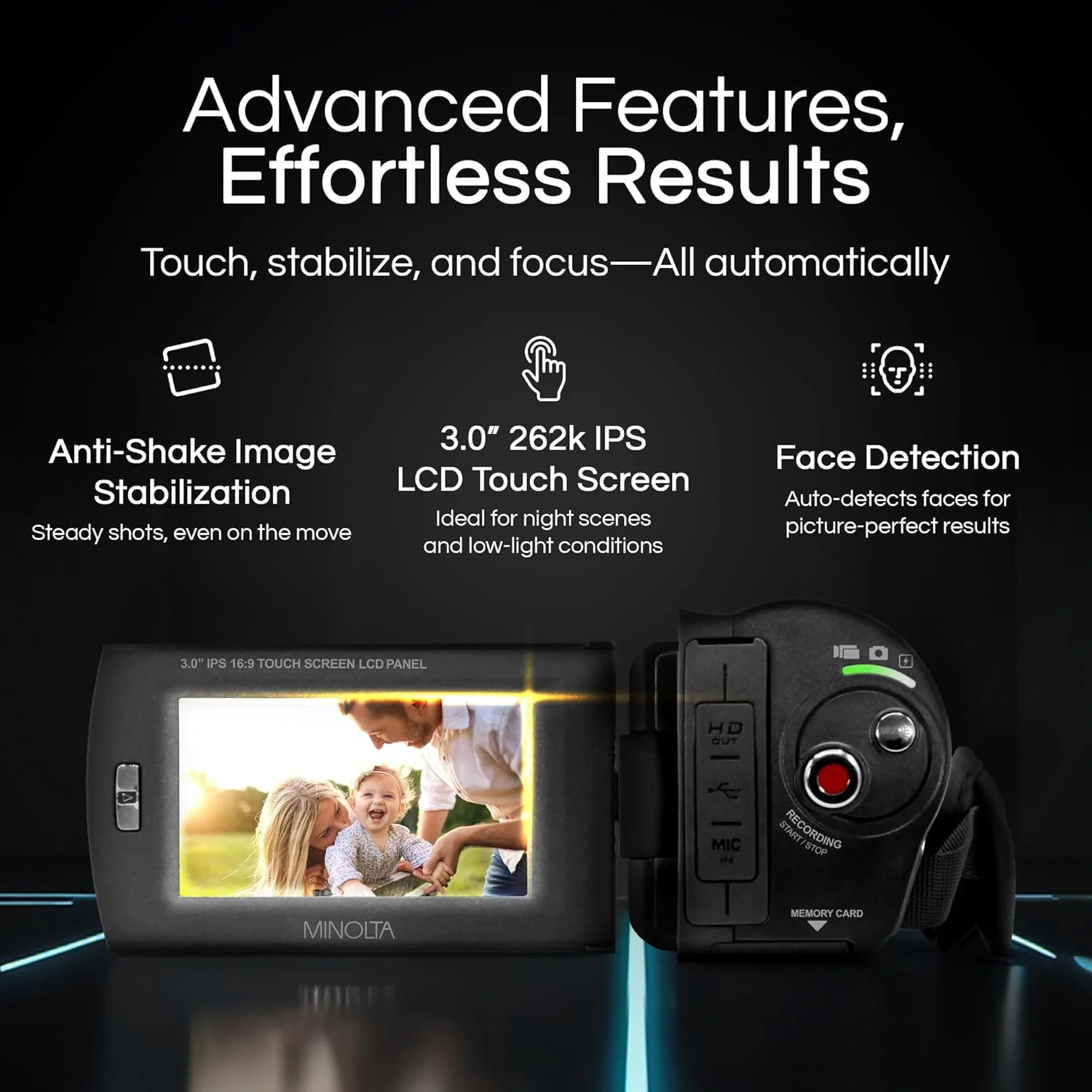 دوربین فیلمبرداری مینولتا – 4K Ultra HD، عکس های 30 مگاپیکسلی، دید در شب با LED های IR، زوم 16X، تایم لپس، ضد لرزش، صفحه لمسی، فرمت MP4، سنسور CMOS، خروجی HDMI USB، اسلات SD (شامپاین)