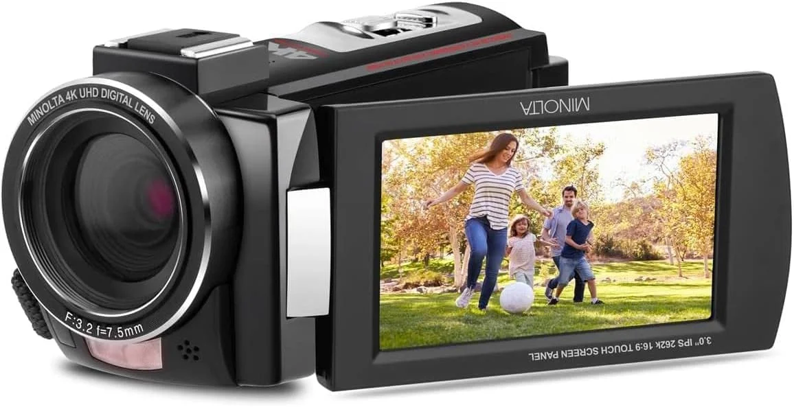 دوربین فیلمبرداری مینولتا – ویدئو 4K Ultra HD با سرعت 24 فریم بر ثانیه، عکس های 30 مگاپیکسلی، دید در شب با LED های IR، زوم 16X، تایم لپس، ضد لرزش، صفحه لمسی 3 اینچی، HDMI/USB، تثبیت کننده تصویر، اسلات SD (مشکی)