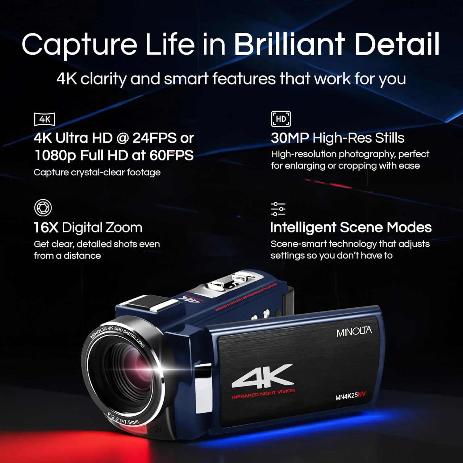 دوربین فیلمبرداری مینولتا – ویدئو 4K Ultra HD با سرعت 24 فریم بر ثانیه، عکس های 30 مگاپیکسلی، دید در شب با LED های IR، زوم 16X، تایم لپس، ضد لرزش، صفحه لمسی 3 اینچی، HDMI/USB، تثبیت کننده تصویر، اسلات SD (مشکی)