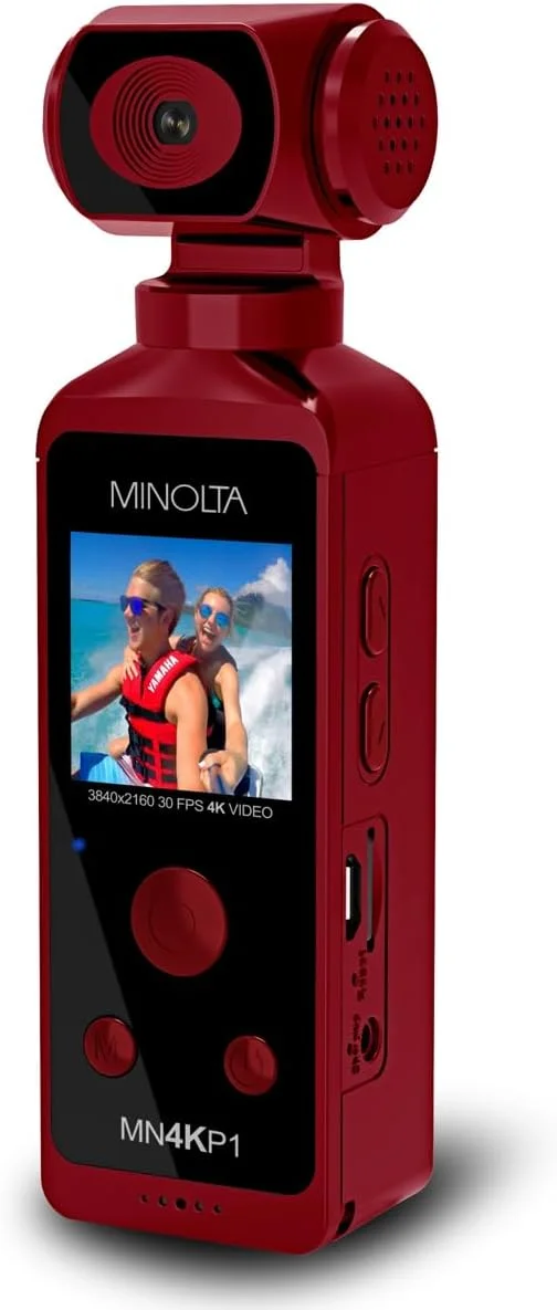 دوربین فیلمبرداری جیبی 4K Ultra HD مینولتا - دوربین اکشن با قابلیت WiFi با عکس های 16 مگاپیکسلی، لنز زاویه باز 170 درجه، سر چرخان 270 درجه، حرکت آهسته، صفحه نمایش 1.3 اینچی - کارت 16 گیگابایتی و قاب ضد آب (قرمز)
