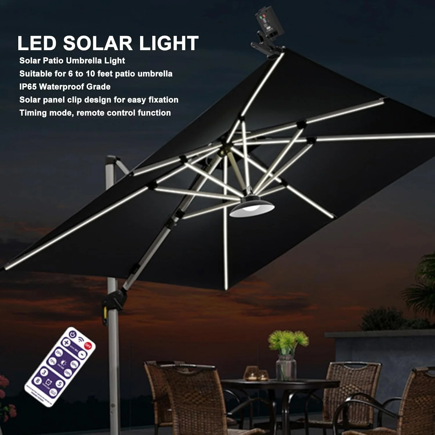 چراغ چتری با کنترل از راه دور، چراغ چتری خورشیدی برای پاسیو، چراغ چتری کنسولی با کنترلر زمان‌بندی برای حیاط بیرونی، مهمانی، ضدآب با پنل خورشیدی بزرگتر ارتقا یافته