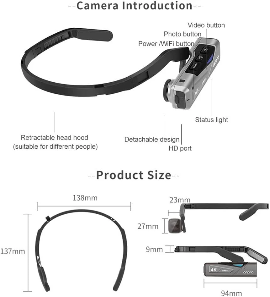 دوربین فیلمبرداری 4K 60fps قابل پوشیدن روی سر Morelian EP7، دید اول شخص، فیلمبرداری بدون دست، کنترل با اپلیکیشن، فوکوس خودکار، گیمبال 2 محوره داخلی، ضد لرزش با کنترل از راه دور