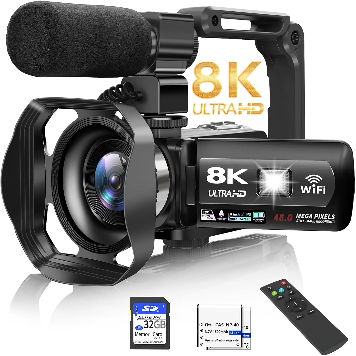 دوربین فیلمبرداری 8K 48MP 15FPS UHD WiFi مناسب برای ولاگ در یوتیوب با دید در شب IR، صفحه نمایش لمسی 3 اینچی با زوم دیجیتال 18X، به همراه نور پرکننده و میکروفون