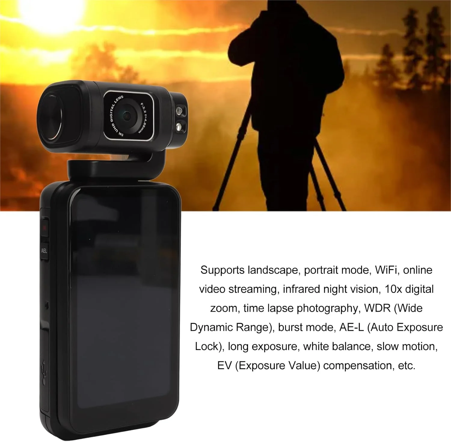 دوربین فیلمبرداری 5K - دوربین ولاگینگ وای فای 36 مگاپیکسلی با زوم دیجیتال 10 برابر، صفحه لمسی چرخان، زاویه دید عریض 120 درجه و باتری 3250 میلی آمپر ساعتی - شامل 64 گیگابایت دوربین فیلمبرداری 5K - دوربین ولاگینگ وای فای 36 مگاپیکسلی با زوم دیجیتال 10 برابر، صفحه لمسی چرخان، زاویه دید عریض 120 درجه و باتری 3250 میلی آمپر ساعتی - شامل 64 گیگابایت