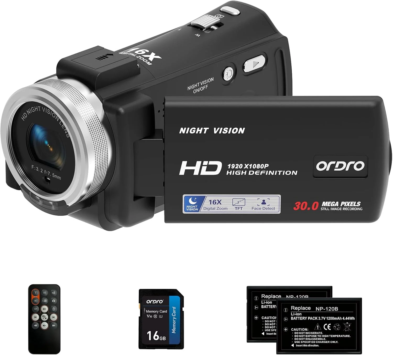 دوربین فیلمبرداری ORDRO V12 Full HD 1080P 30FPS با دید در شب مادون قرمز، صفحه نمایش LCD 3.0 اینچی، زوم 16X، کارت حافظه 16 گیگابایتی، کنترل از راه دور و 2 باتری