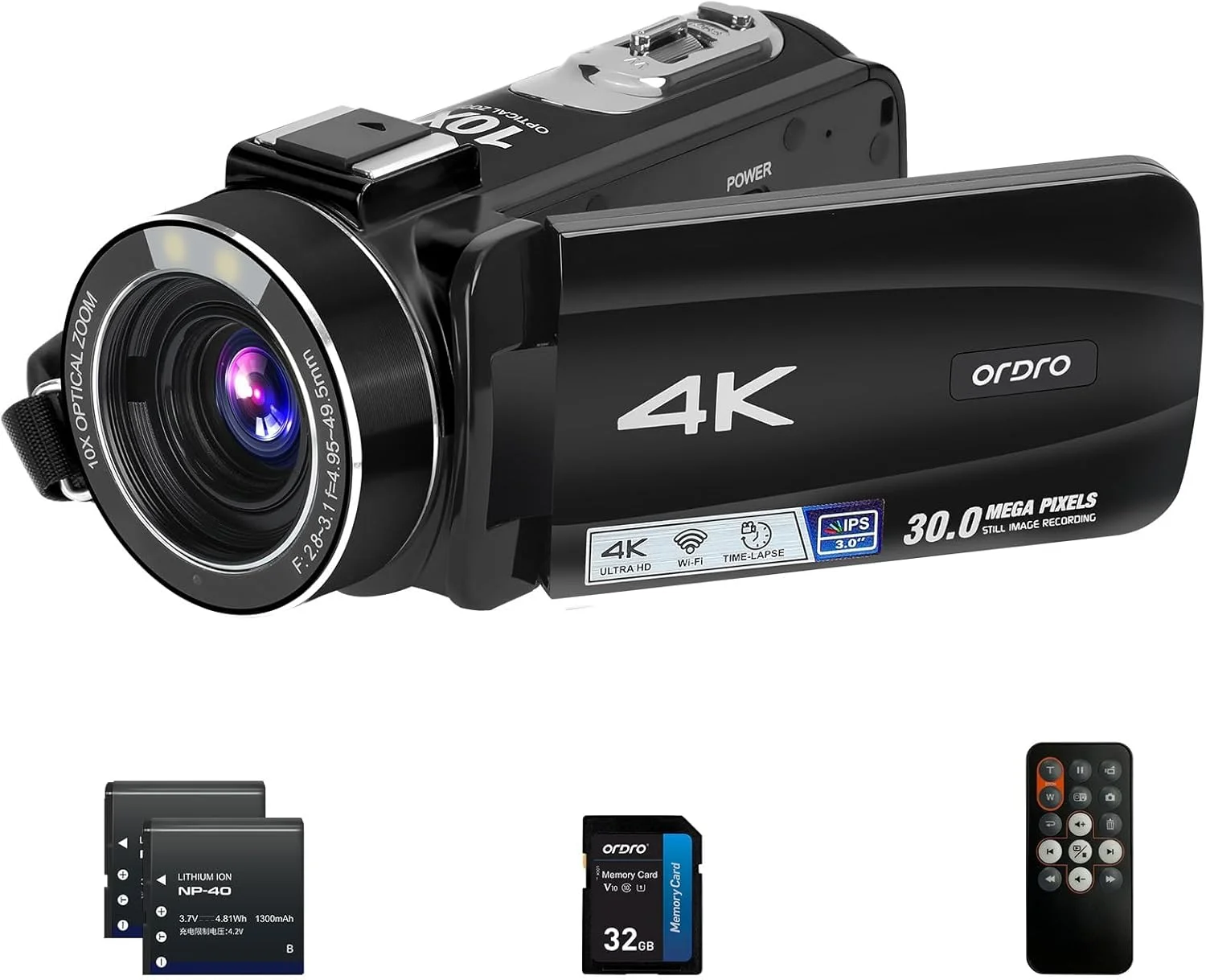 دوربین فیلمبرداری 4K ORDRO Ultra HD با زوم اپتیکال 10X و زوم دیجیتال 120X، دوربین فیلمبرداری دیجیتال فوکوس خودکار WiFi Vlogging با کارت SD 32 گیگابایتی