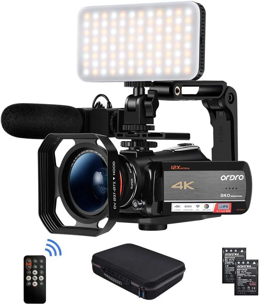 دوربین فیلمبرداری ORDRO مدل AC5 4K با زوم اپتیکال 12X، دوربین ولاگ 1080P 60fps برای یوتیوب به همراه میکروفون، چراغ LED، لنز واید انگل، نگهدارنده دستی و 2 باتری