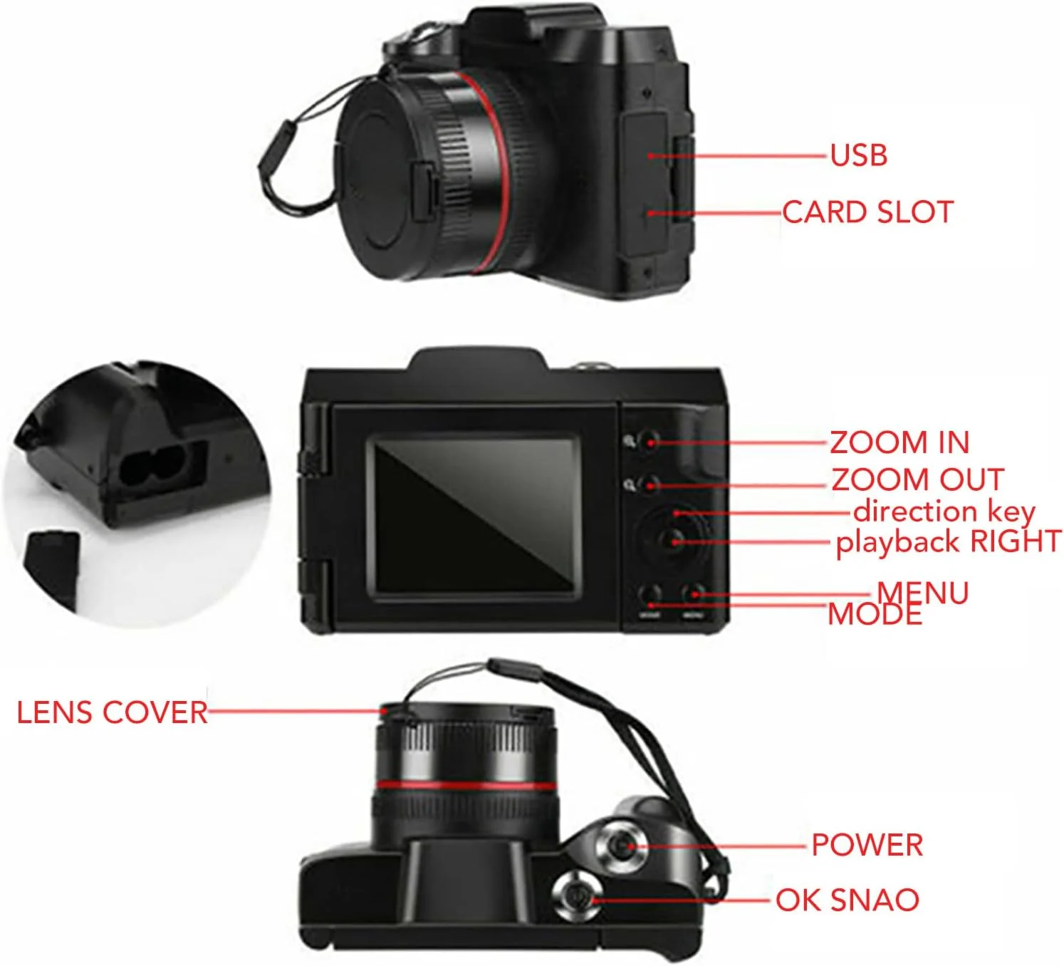 دوربین دیجیتال فیلمبرداری HD با کیفیت 16 مگاپیکسل، صفحه نمایش چرخان 180 درجه، صفحه نمایش 2.4 اینچی TFT LCD، زوم دیجیتال 16 برابر، پایه پیچ 1/4 اینچی