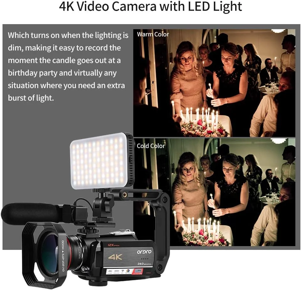 دوربین فیلمبرداری ORDRO مدل AC5 4K با زوم اپتیکال 12X، دوربین ولاگ 1080P 60fps برای یوتیوب به همراه میکروفون، چراغ LED، لنز واید انگل، نگهدارنده دستی و 2 باتری