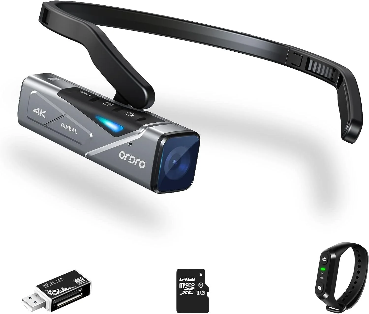 دوربین سر ORDRO مدل EP7 دوربین فیلمبرداری پوشیدنی 4K 30fps UHD FPV Vlog با تثبیت کننده گیمبال داخلی، ضبط POV، کنترل از راه دور، کارت 64 گیگابایتی