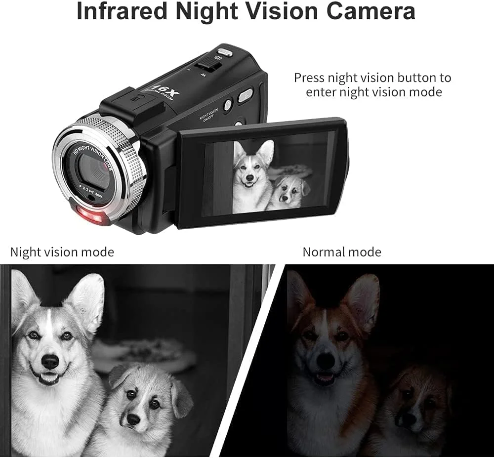 دوربین فیلمبرداری ORDRO HDV-V12 HD 1080P با قابلیت دید در شب مادون قرمز، به همراه کارت حافظه 16 گیگابایتی و 2 عدد باتری