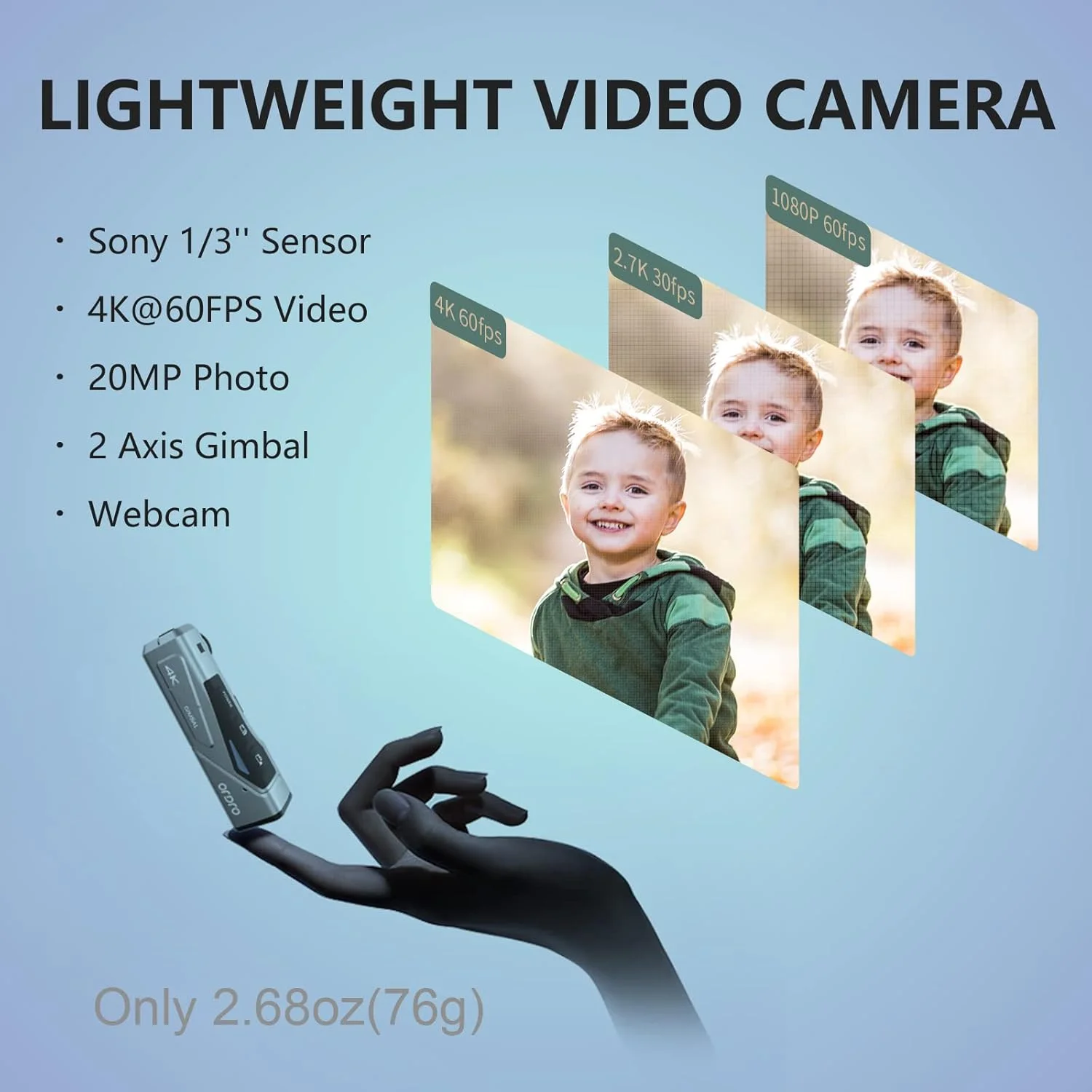 دوربین فیلمبرداری 4K مدل ORDRO EP7، دوربین ولاگ سر-نصب شونده، دوربین ولاگینگ پوشیدنی 4K 60FPS با کارت میکرو 64 گیگابایتی، باتری قابل شارژ 1000mAh داخلی