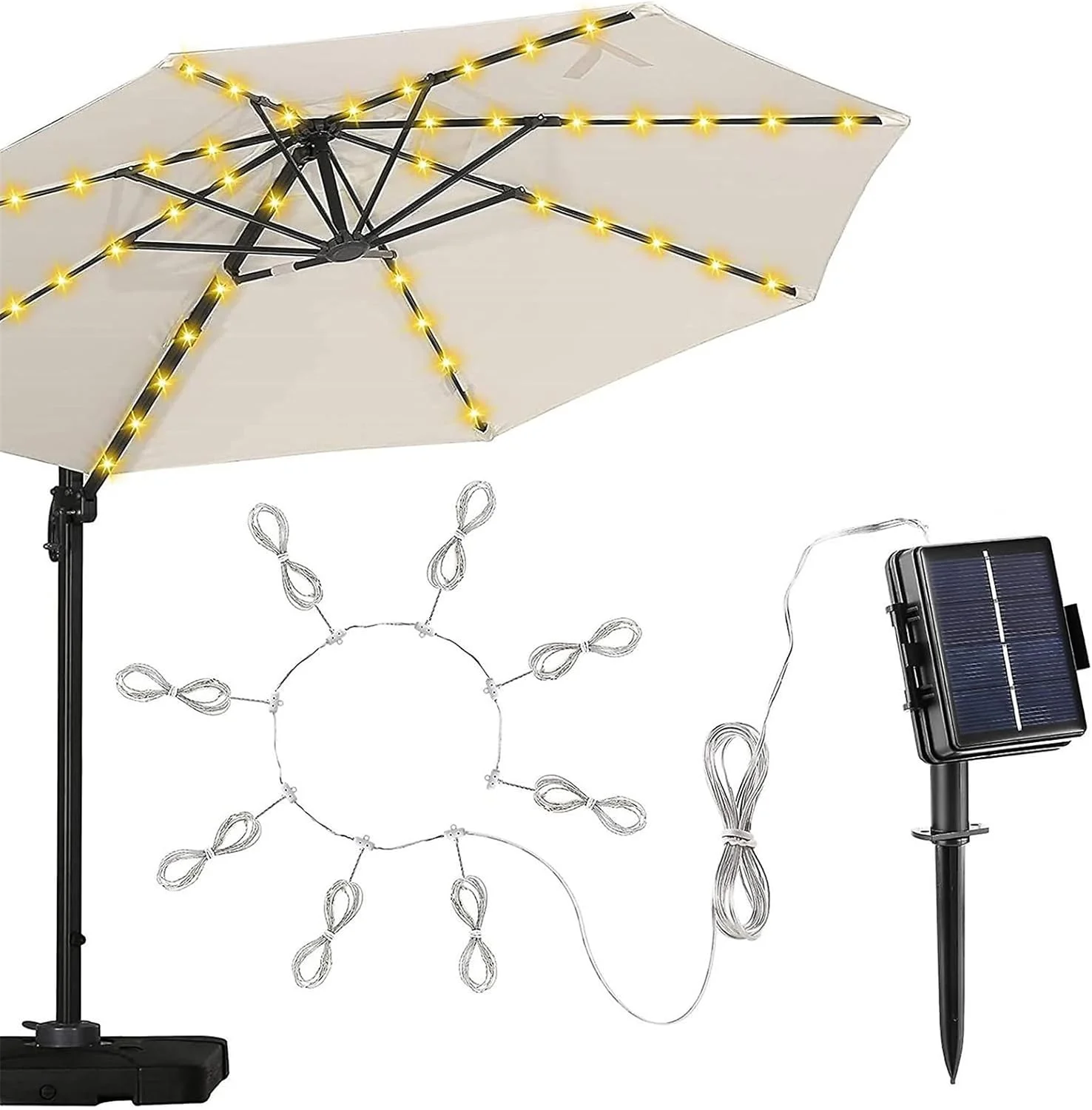چراغ چتری خورشیدی، چراغ ریسه ای ضد آب با 8 حالت روشنایی برای فضای باز | چراغ تزئینی خورشیدی برای عرشه، پاسیو، چمن، حیاط خلوت، استخر، ساحل