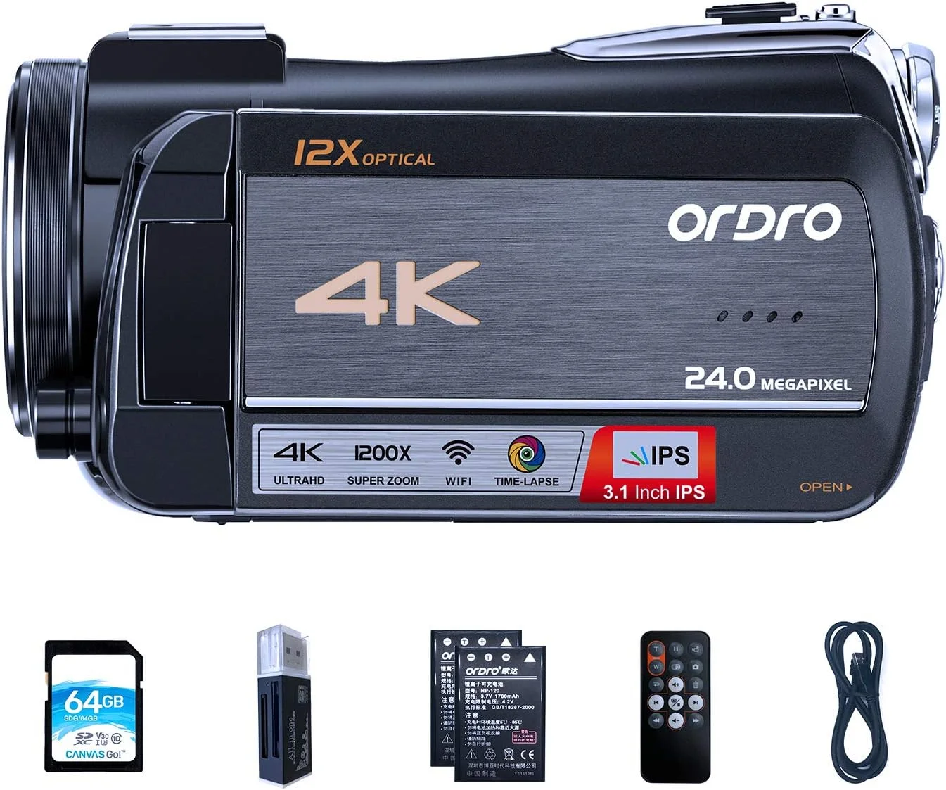 دوربین فیلمبرداری 4K ORDRO، دوربین فیلمبرداری پخش زنده HDR-AC5 با زوم اپتیکال 12X، ضبط کننده ویدیو با صفحه لمسی 3.1 اینچی IPS، دوربین فیلمبرداری پخش زنده با کابل پخش زنده USB 6.5 فوتی و کارت حافظه 64 گیگابایتی