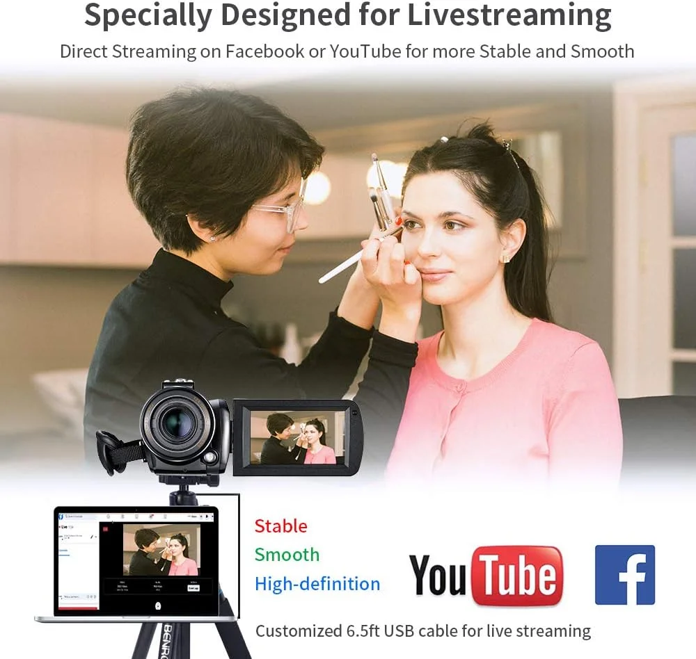 دوربین فیلمبرداری 4K ORDRO، دوربین فیلمبرداری پخش زنده HDR-AC5 با زوم اپتیکال 12X، ضبط کننده ویدیو با صفحه لمسی 3.1 اینچی IPS، دوربین فیلمبرداری پخش زنده با کابل پخش زنده USB 6.5 فوتی و کارت حافظه 64 گیگابایتی