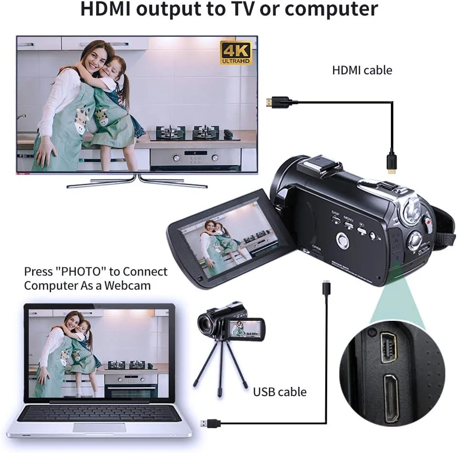 دوربین فیلمبرداری 4K ORDRO، دوربین فیلمبرداری پخش زنده HDR-AC5 با زوم اپتیکال 12X، ضبط کننده ویدیو با صفحه لمسی 3.1 اینچی IPS، دوربین فیلمبرداری پخش زنده با کابل پخش زنده USB 6.5 فوتی و کارت حافظه 64 گیگابایتی