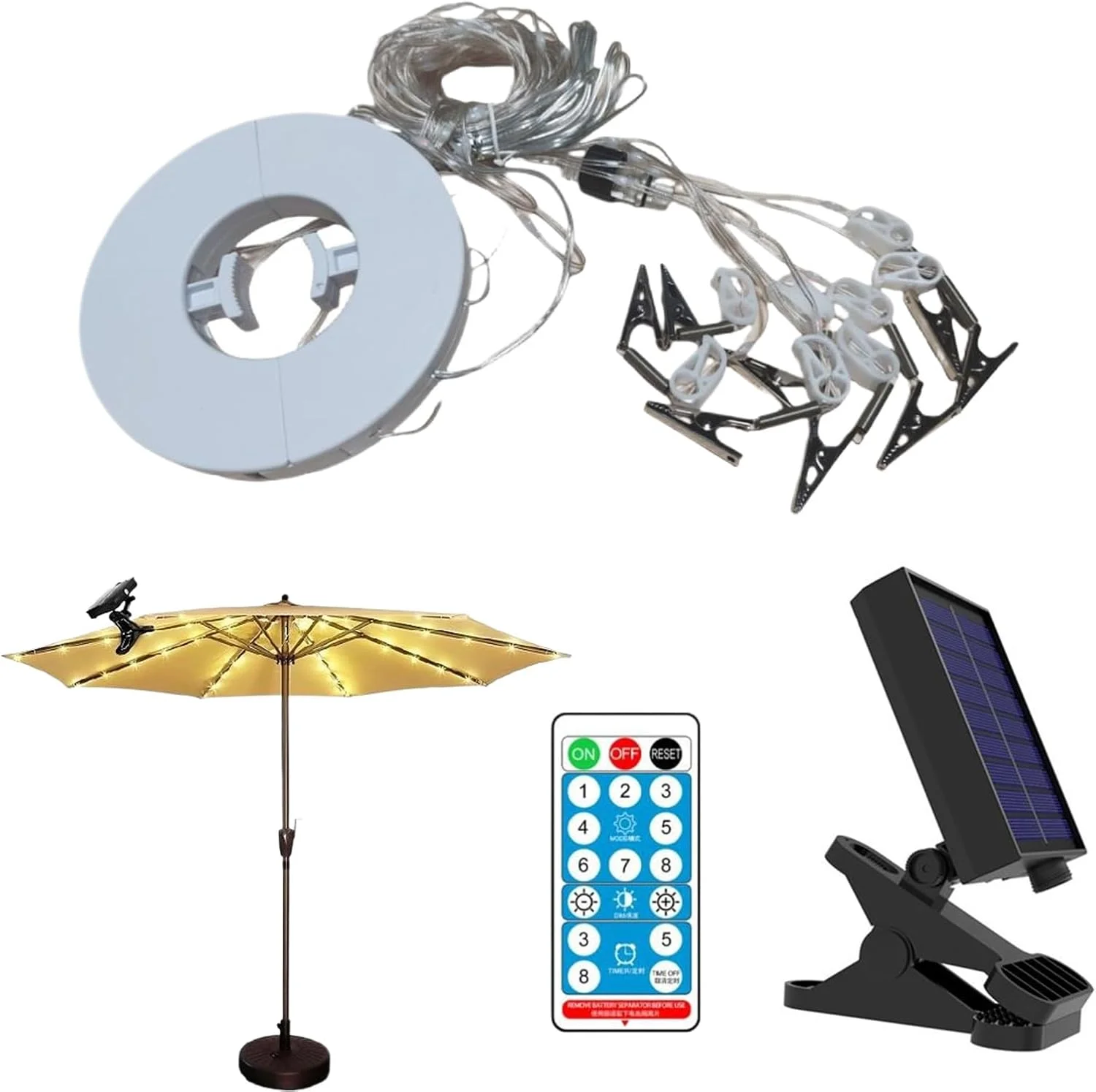 چراغ چتری فضای باز، چراغ های LED خورشیدی زیر چتر | دکور ضد آب برای فضای باز با 8 حالت برای کمپینگ ایوان سایه بان باغ ساحل حیاط خلوت چادر مهمانی