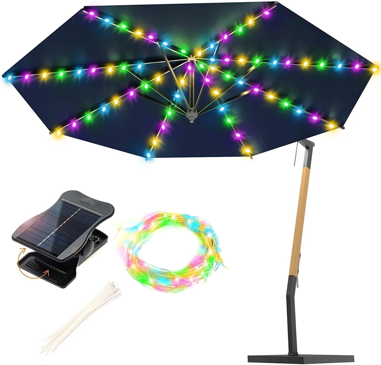 چراغ چتری خورشیدی VOOKRY مناسب فضای باز، چراغ چتری ضدآب خورشیدی برای پاسیو، 8 رشته سیم بدون نیاز به سیم کشی، 8 حالت چراغ LED چتری پاسیو برای چادر ساحلی، کمپینگ، تزئینات مهمانی باغ (چند رنگ)