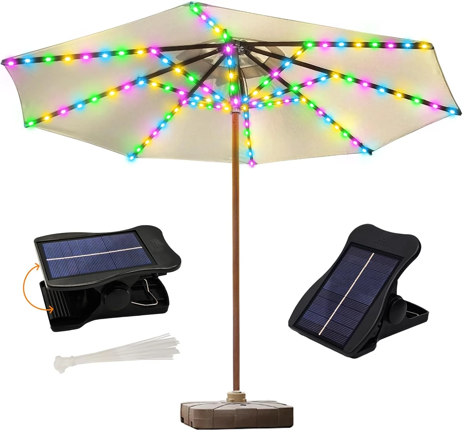 چراغ های چتری خورشیدی ZNYCYE، 8 رشته چراغ چتری پاسیو فضای باز با 8 حالت پنل خورشیدی 3 ولت گیره 112 ال ای دی ضد آب مناسب برای ساحل، عرشه، باغ، کمپینگ، چادر، تزئینات مهمانی (چند رنگ)
