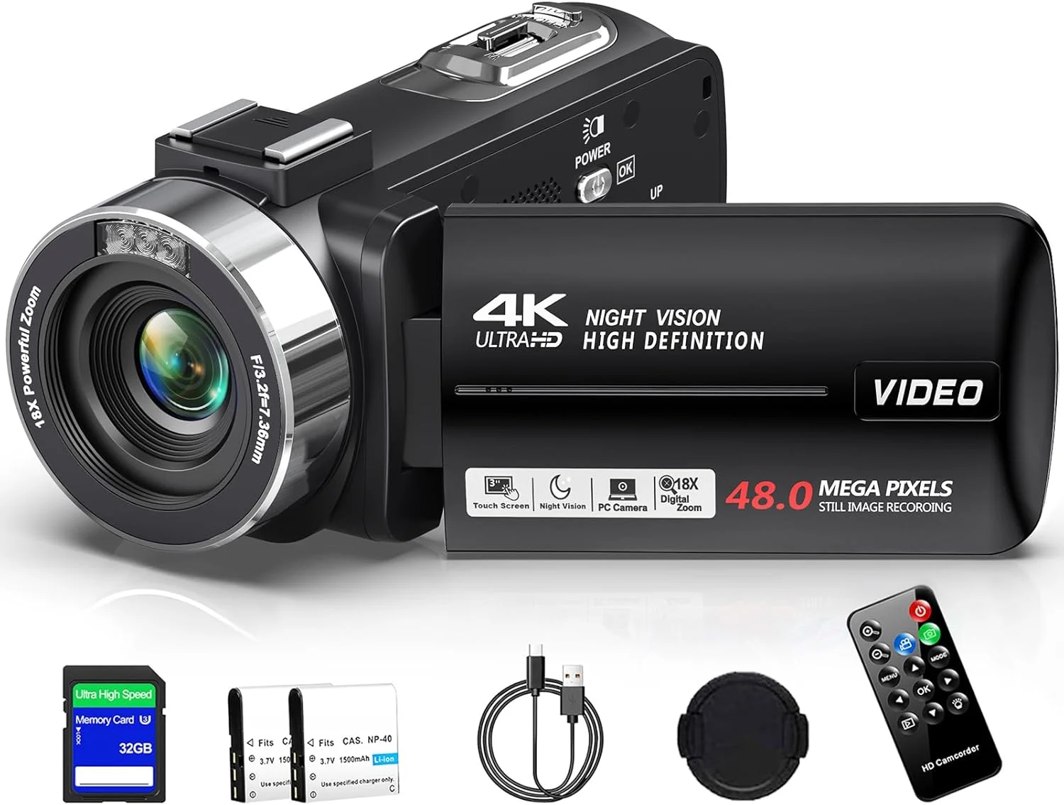 دوربین فیلمبرداری THPACIP 4K Ultra HD 48MP برای تولید محتوای ویدیویی در یوتیوب، زوم دیجیتال 18X، صفحه نمایش لمسی 3.0 اینچی LCD، دید در شب IR با کنترلر، کارت SD 32 گیگابایتی و 2 باتری