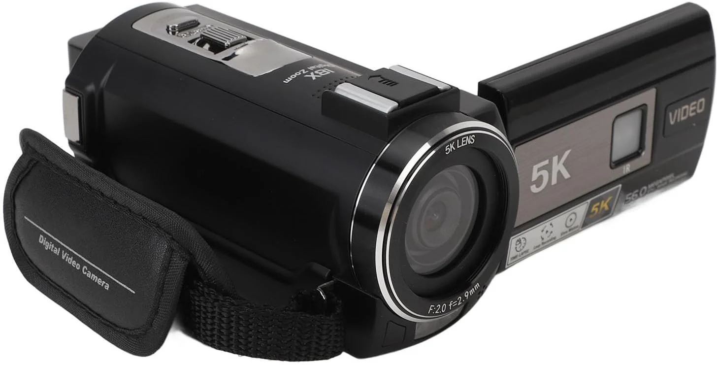 دوربین فیلمبرداری Syrisora، دوربین فیلمبرداری 5K HD 56MP با صفحه لمسی 3 اینچی، زوم 18X، دوربین ولاگینگ با میکروفون، محافظ، کنترل از راه دور و پایه قابل حمل