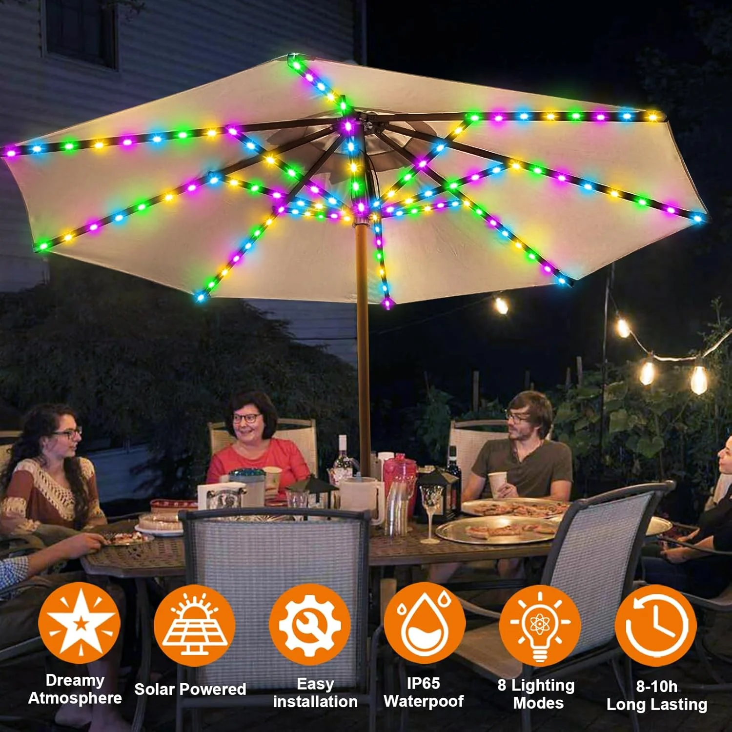 چراغ چتری خورشیدی VOOKRY مناسب فضای باز، چراغ چتری ضدآب خورشیدی برای پاسیو، 8 رشته سیم بدون نیاز به سیم کشی، 8 حالت چراغ LED چتری پاسیو برای چادر ساحلی، کمپینگ، تزئینات مهمانی باغ (چند رنگ)