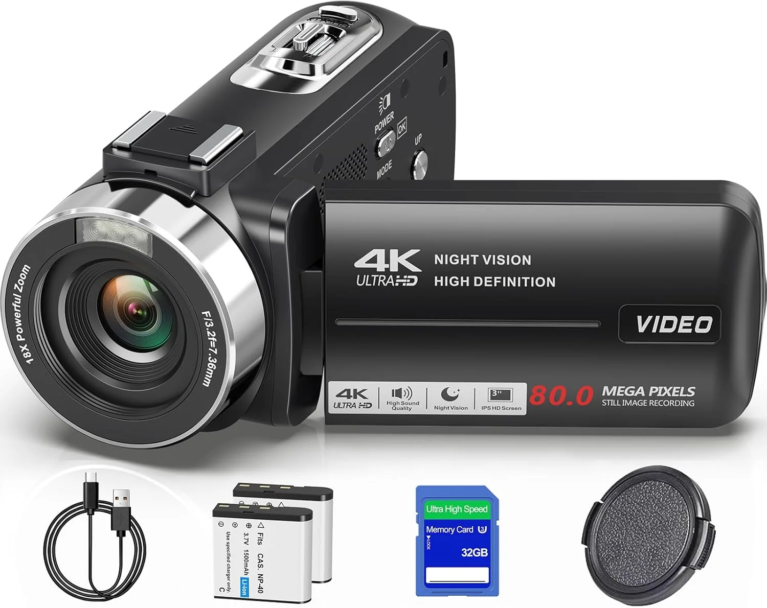 دوربین فیلمبرداری 4K THPACIP با کیفیت 48 مگاپیکسل، دید در شب مادون قرمز، دوربین ولاگ برای یوتیوب، زوم دیجیتال 18X، صفحه نمایش 3.0 اینچی IPS با قابلیت چرخش 270 درجه، کارت SD 32 گیگابایتی، کنترل از راه دور و 2 باتری