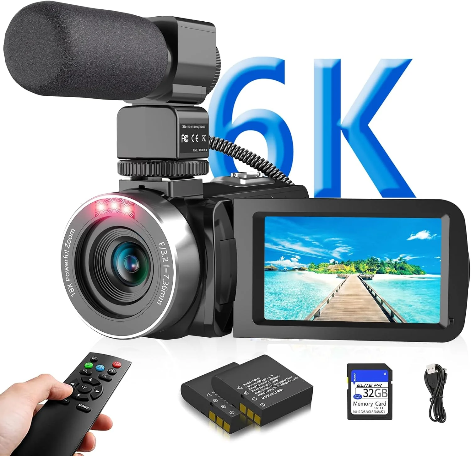 دوربین فیلمبرداری VETEK، دوربین فیلمبرداری 6K 64MP دید در شب مادون قرمز دوربین وبلاگ نویسی زوم 18X دوربین دیجیتال WiFi برای YouTube صفحه نمایش لمسی 3.0 اینچی دوربین ضبط کننده با کارت SD 32 گیگابایتی، میکروفون و