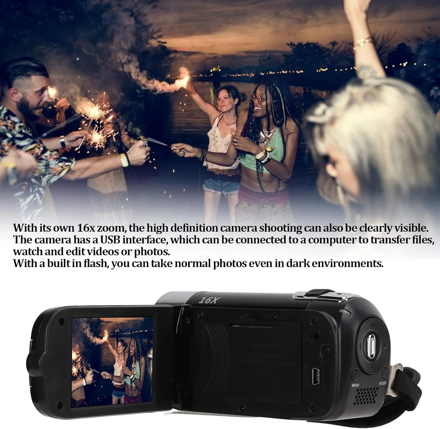 دوربین فیلمبرداری VBESTLIFE، دوربین ضبط کننده 16 مگاپیکسلی Full HD 1080P، چرخش 270 درجه، فلاش داخلی، صفحه نمایش رنگی 2.7 اینچی، دوربین فیلمبرداری دیجیتال با زوم 16X (مشکی)