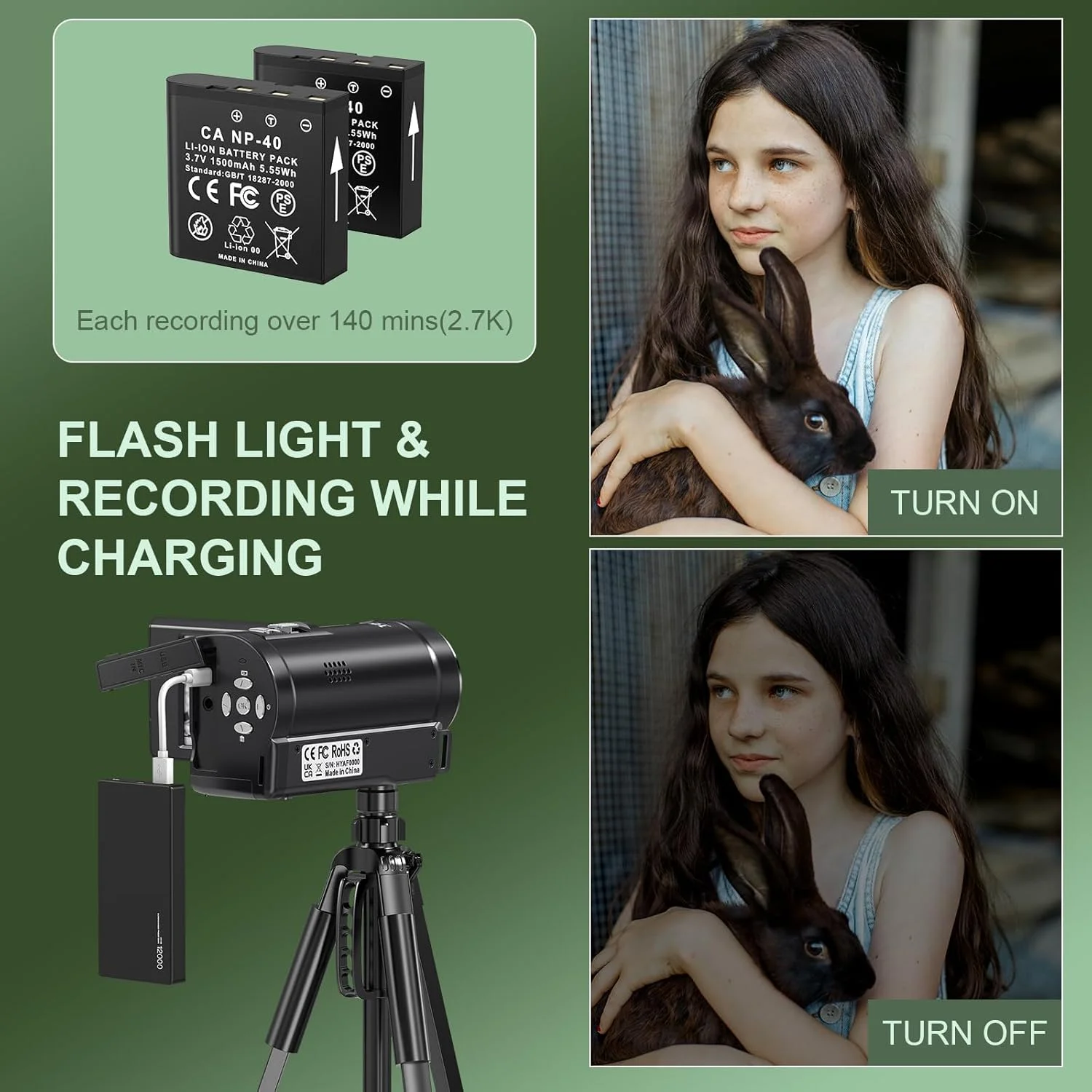 دوربین فیلمبرداری 2.7K QHD 50MP دوربین ولاگ یوتیوب زوم دیجیتال 16X وب کم صفحه نمایش چرخان 270 درجه به همراه کارت SD 32 گیگابایتی و 2 باتری قابلیت ضبط در حین شارژ