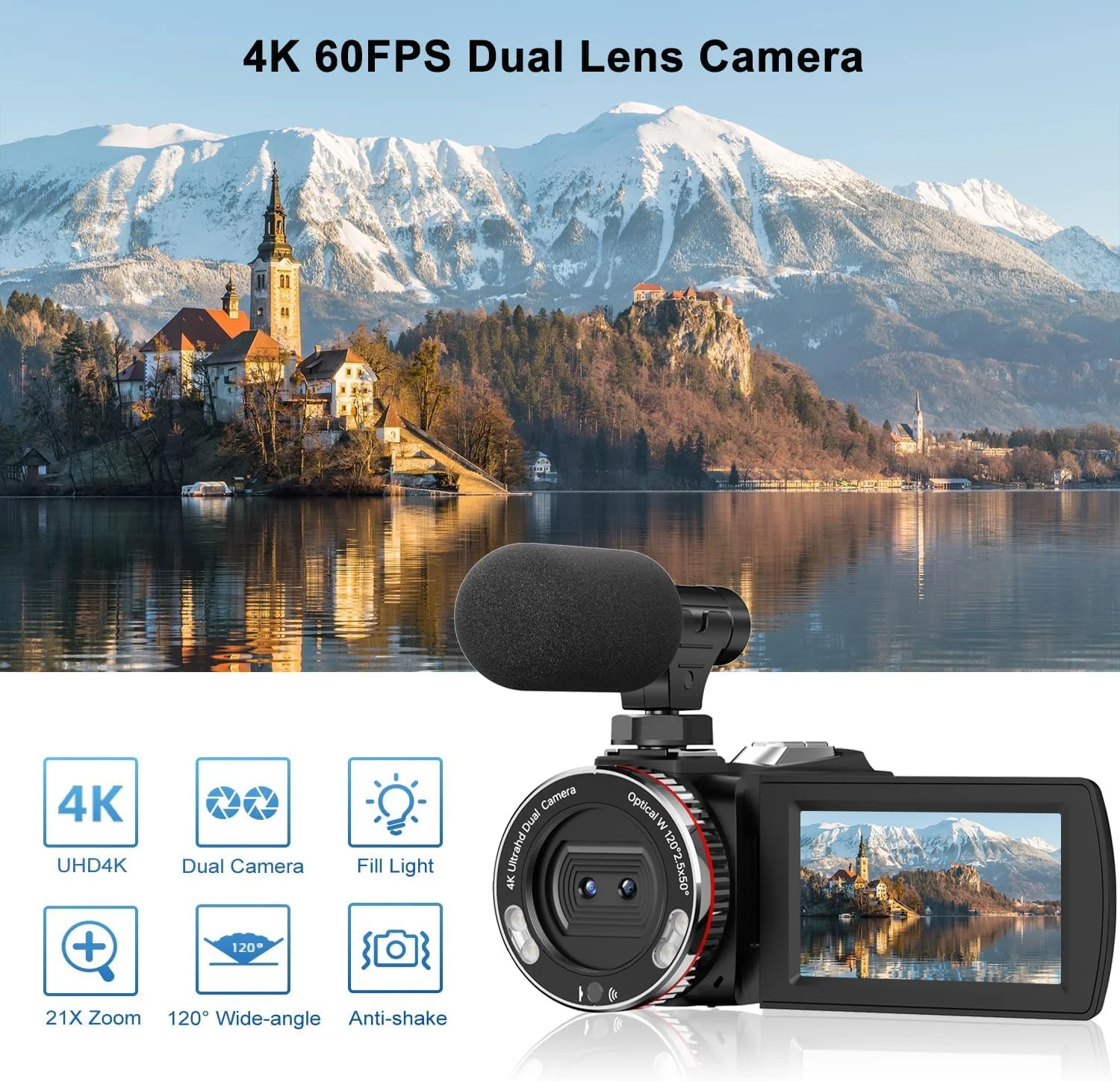 دوربین فیلمبرداری 4K، دوربین دو لنز 64 مگاپیکسل 30 فریم بر ثانیه با میکروفون بی سیم برای ولاگ یوتیوب، صفحه نمایش 3 اینچی Ultra HD با زوم دیجیتال 21X، دوربین ضبط ویدیو با کارت SD 64 گیگابایتی