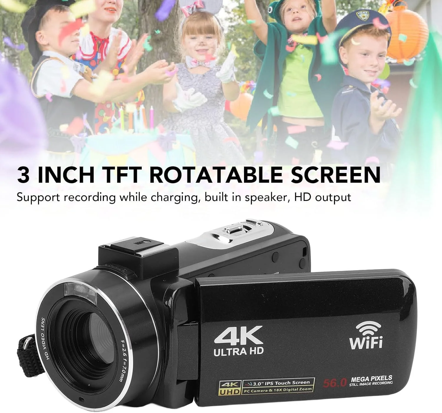 دوربین فیلمبرداری 4K، دوربین فیلمبرداری دیجیتال HD 56 مگاپیکسلی با صفحه نمایش 3 اینچی چرخان، زوم دیجیتال 18X، دوربین ولاگینگ WiFi با میکروفون و تثبیت کننده دوربین فیلمبرداری 4K، دوربین فیلمبرداری دیجیتال HD 56 مگاپیکسلی با صفحه نمایش 3 اینچی چرخان، زوم دیجیتال 18X، دوربین ولاگینگ WiFi با میکروفون و تثبیت کننده