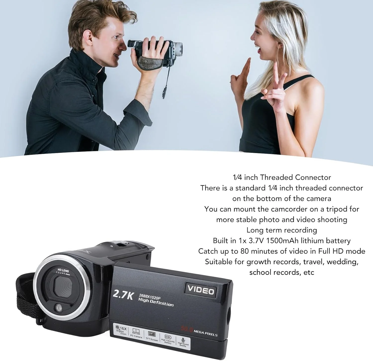 دوربین دیجیتال 2.7K 50MP، دوربین فیلمبرداری با زوم دیجیتال 16X، ضبط کننده دوربین فیلمبرداری دستی با نور پرکننده، با صفحه نمایش 2.8 اینچی برای ضبط سفر در فضای باز دوربین دیجیتال 2.7K 50MP، دوربین فیلمبرداری با زوم دیجیتال 16X، ضبط کننده دوربین فیلمبرداری دستی با نور پرکننده، با صفحه نمایش 2.8 اینچی برای ضبط سفر در فضای باز