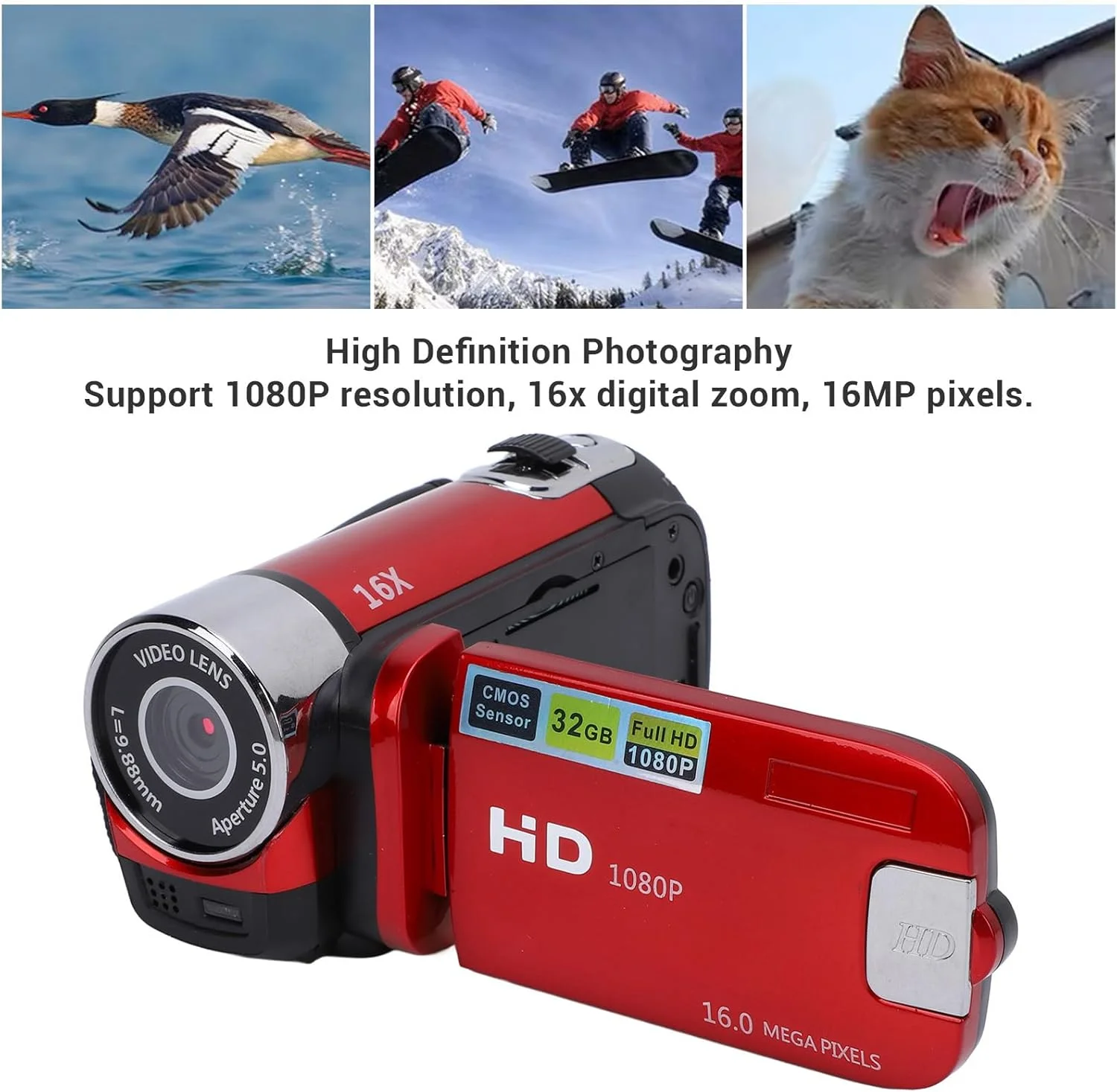 دوربین فیلمبرداری، دوربین دیجیتال 16 مگاپیکسل 1080P با زوم دیجیتال 16X، صفحه نمایش رنگی 2.4 اینچی ضد لرزش با نور پرکننده، با ضبط ویدیویی حلقه ای (قرمز)
