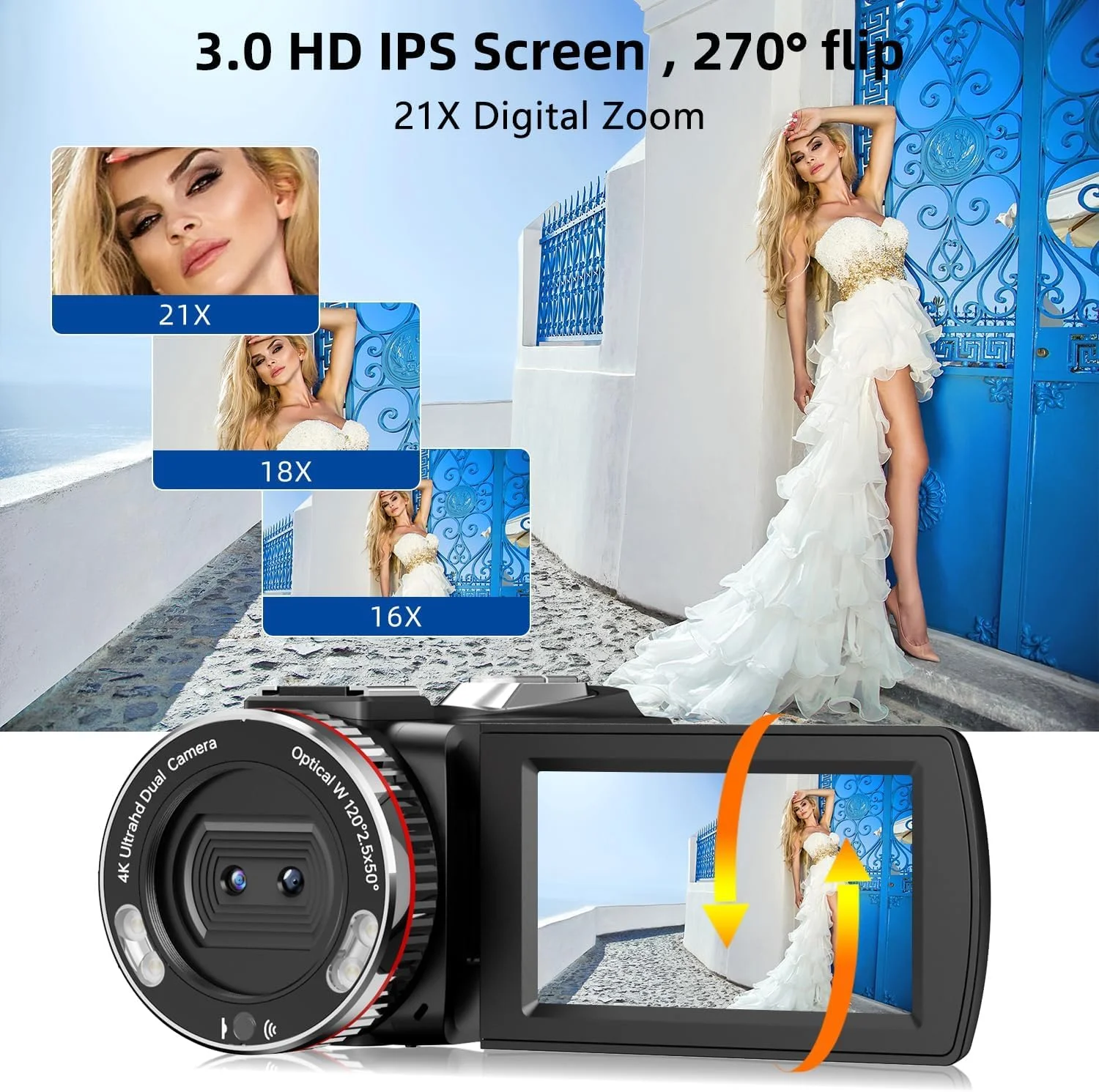 دوربین فیلمبرداری 4K، دوربین دو لنز 64 مگاپیکسل 30 فریم بر ثانیه با میکروفون بی سیم برای ولاگ یوتیوب، صفحه نمایش 3 اینچی Ultra HD با زوم دیجیتال 21X، دوربین ضبط ویدیو با کارت SD 64 گیگابایتی